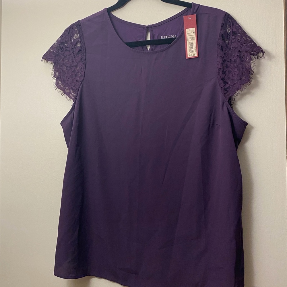 NWT Dark Purple Blouse with Lace Accent